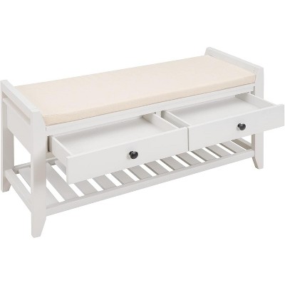 39" Entryway Storage Bench, Wood Storage Bench with Open Shoe Rack, Capacity 220Lbs, Multipurpose Shoe Bench with Padded Cushion, 2 Drawers