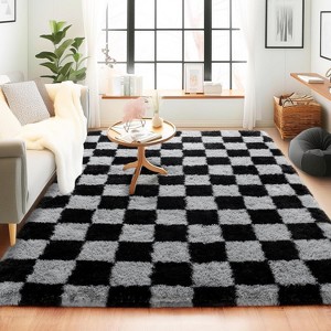 5x7 Feet Checkered Area Rugs For Living Room, Black Modern Super Soft Fluffy Rugs for Bedroom Home Aesthetic Decor - 1 of 4