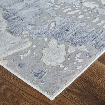 Ivory and Blue Abstract Synthetic Runner Rug