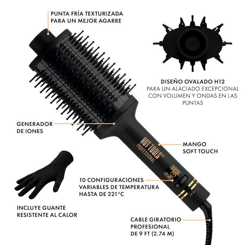 HOT TOOLS Pro Artist Heated Hair Styling Oval Brush, Black/Gold, 4 of 8