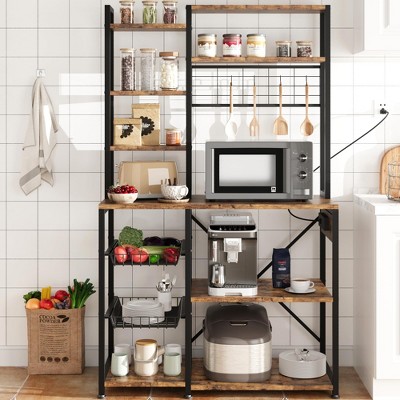TROPOW Bakers Rack with Power Outlet, Microwave Stand with 2 Wire Drawer, Coffee Bar Station, 7-Tier Kitchen Bakers Rack with Large Storage, Rustic Brown — фото 3