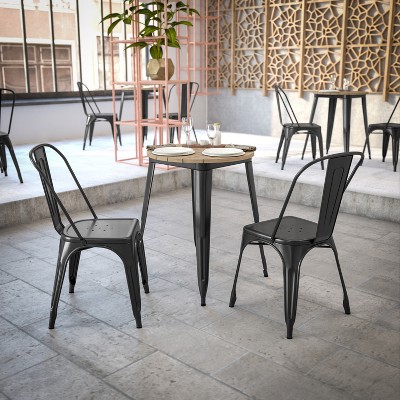Brown Poly Resin Round Dining Table with Black Steel Base
