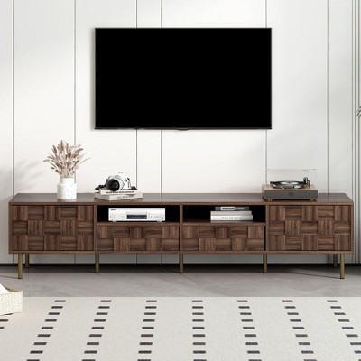 Sapphtopaz Mid Century Modern TV Stand for TVs Up to 85"with Storage Cabinet Wood Checkered TV Console with Drawer,TV Stands for Living Room