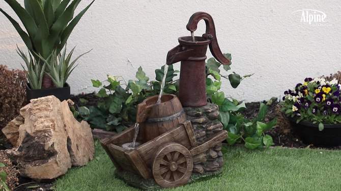 24&#34; Vintage Red Metal Water Pump With Fiberglass, Resin &#38; Stone Wheelbarrow Fountain Small - Alpine Corporation, 2 of 7, play video