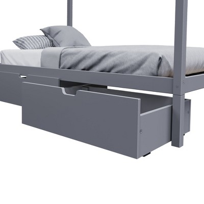 Gray Twin Pine Wood Canopy Bed with Storage Drawers