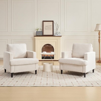 Mid-Century Accent Chair, Linen Fabric Upholstered Armchair with Thick Cushion, Deep Seat, No Assembly,Comfy Reading Chair for Living Room, Bedroom