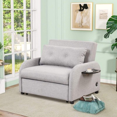 Modern Linen Sleeper Sofa with Wing Tables and USB Charging, Multi-Function Pull-Out Sofa Bed for Guest Room or Small Apartment–The Pop Home