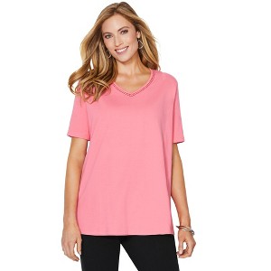 Catherines Women's Plus Size Suprema Crochet V-Neck Tee - 1 of 4