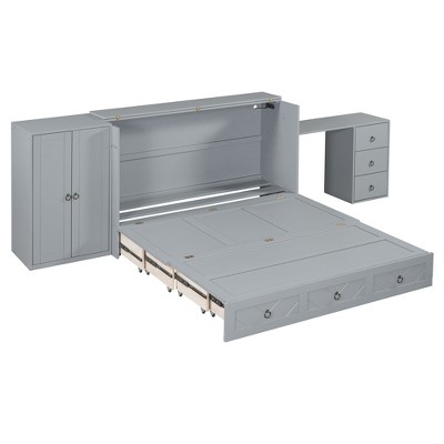 CLIHOME Queen Size Murphy Bed Versatile Cabinet Bed with USB Port, Large Drawer, and Wardrobe/Desk