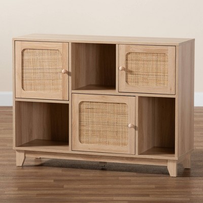 Elsbeth Light Brown Wood and Rattan 3-Door Sideboard