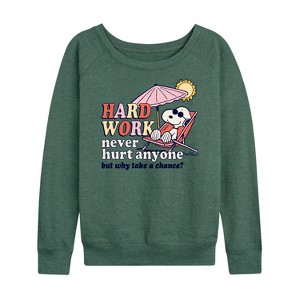 Women's - Peanuts - Hard Work Lightweight French Terry Wide Neck Long Sleeve Shirt - 1 of 4