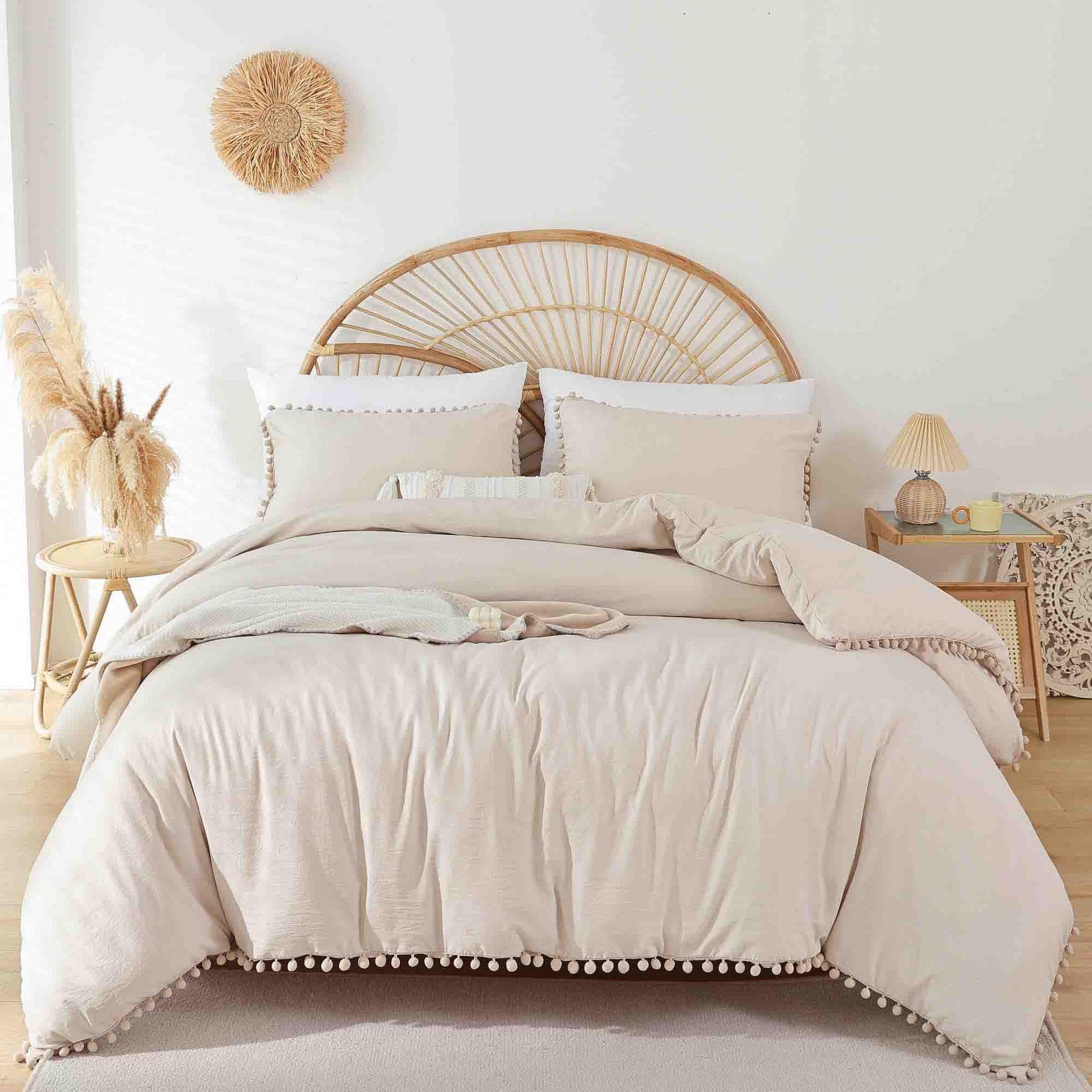 BAGOKIE 3-Piece Bed in a Bag Comforter Set with Pom Fringe
