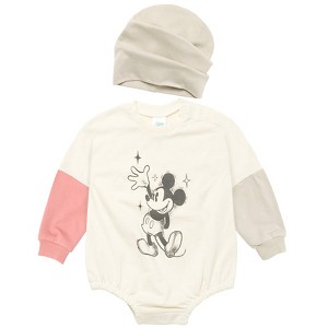Disney Minnie Mickey Mouse Winnie the Pooh Princess Lilo & Stitch Baby Girls French Terry Bubble Romper Oversized Bodysuit and Hat Newborn to Infant - 1 of 4