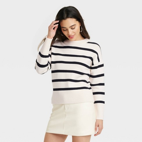 Women's Crewneck Spring Pullover Sweater - A New Day™ Cream/Black Striped L