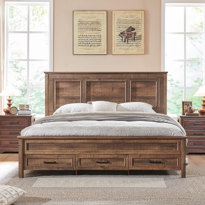 SinCiDo Farmhouse Queen Size Bed with Headboard, Wood Platform Bed Frame with 3 Storage Drawers, Easy Assembly