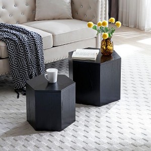 CENGHU Hexagonal Coffee Table, MDF with Ash, Walnut Veneer Side Table, End Table, Tea Table, Nesting Table for Living Room, Office, Bedroom, Set of 2 - 1 of 4