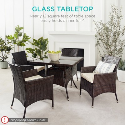 5-Piece Red Wicker Patio Dining Set with Glass Tabletop