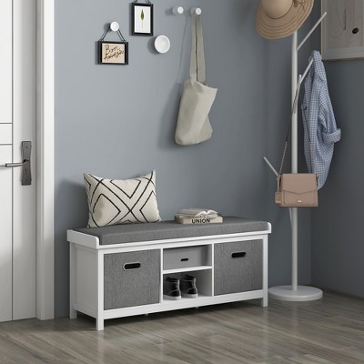 White and Gray Fabric Shoe Storage Bench with Cushion and Drawers
