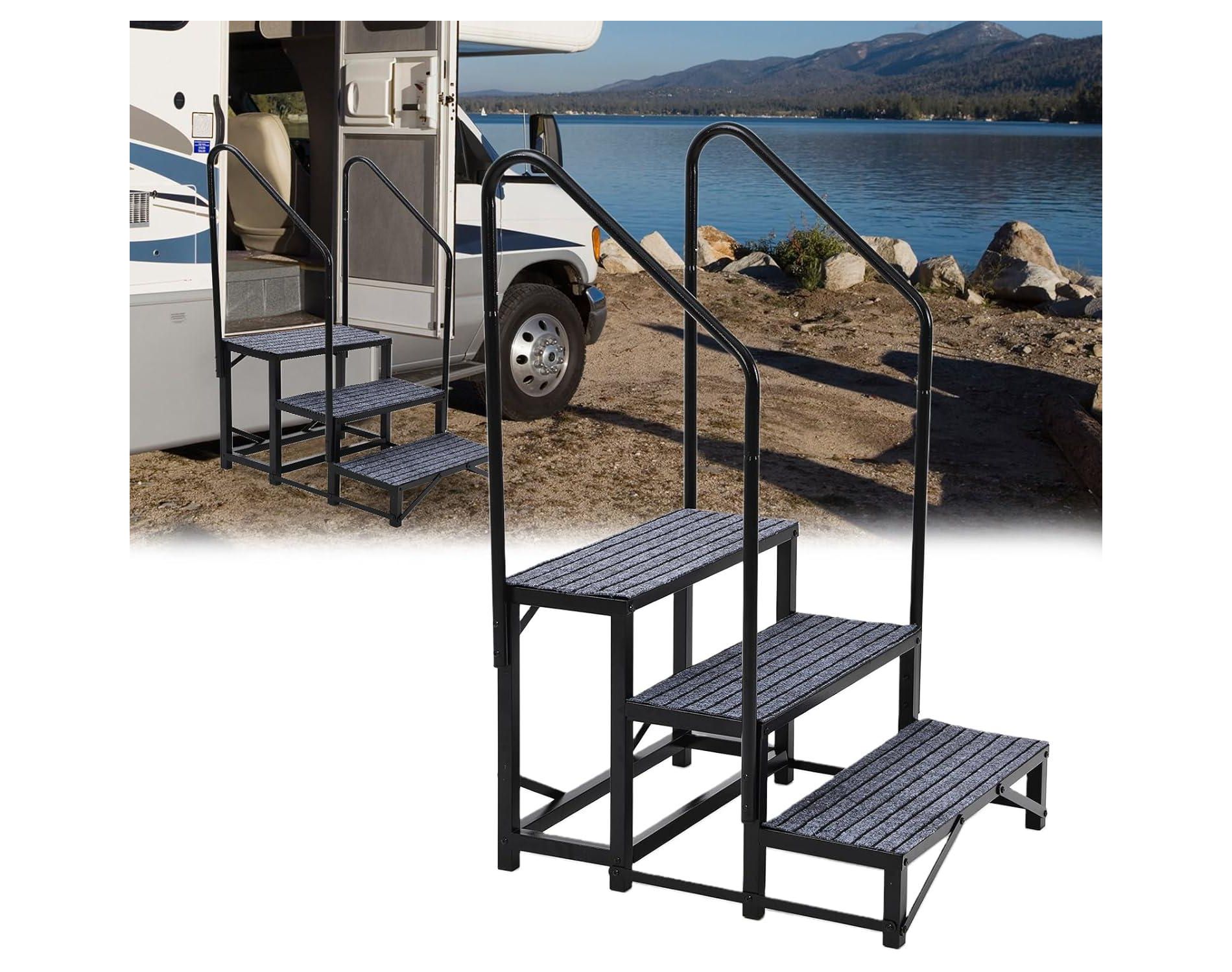Portable RV Stairs with Handrail, Non-Slip RV Step Ladder for Travel Trailers, Campers, Hot Tubs, Porch and Pool Access
