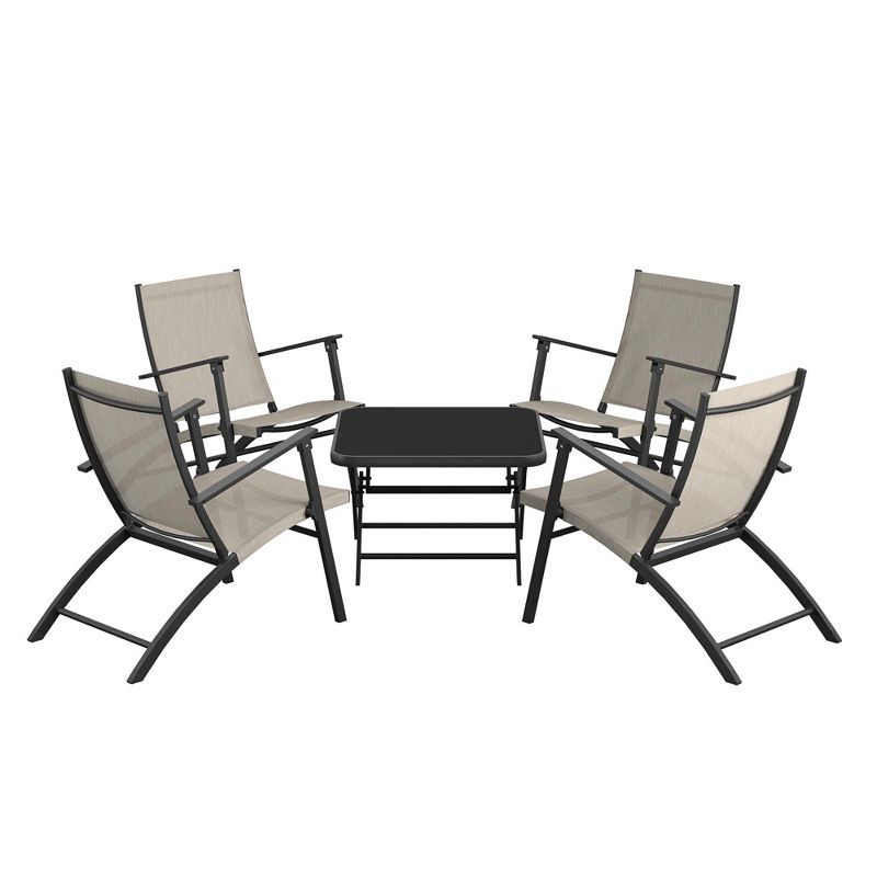 COSCO 5-Piece Folding Sling Chairs and Accent Table, Black and Beige, 4 of 5