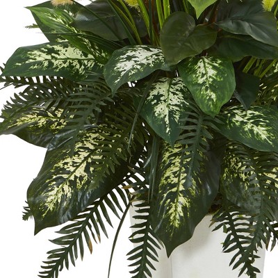 Exotic Mixed Greens River Fern & Dogtail in White Tower Planter