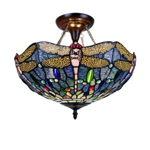 Chloe Lighting Sunniva Dragonfly Tiffany-Style Dark Bronze 2 Light Semi-Flush Ceiling Fixture 16" Wide - 1 of 4