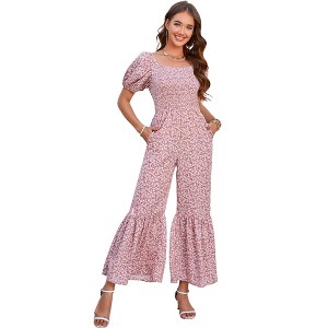 Women's Summer Smocked Jumpsuits Casual Square Neck Short Sleeve High Waist Wide Leg Rompers with Pockets - 1 of 4