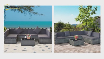 Mixed Gray and Blue PE Rattan Wicker 7-Piece Sectional Sofa Set