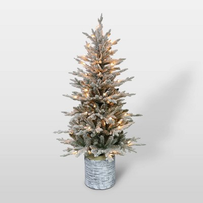 4.5ft Pre-Lit Potted Flocked Scandinavian Fir Artificial Christmas Tree - Puleo