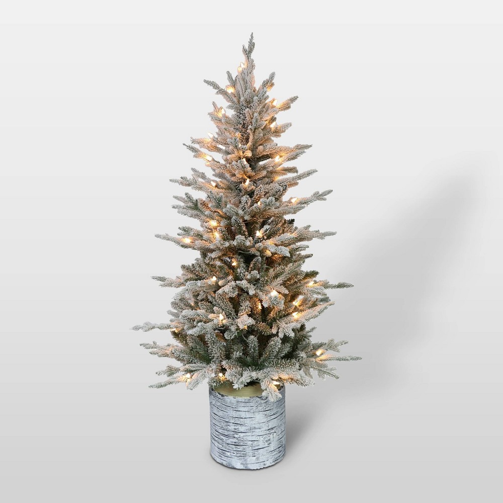 Photos - Garden & Outdoor Decoration Puleo 4.5ft Pre-Lit Potted Flocked Scandinavian Fir Artificial Christmas Tree  