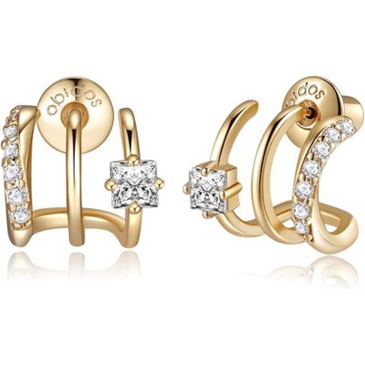 14K Gold Plated Triple Huggie Illusion Stud Earrings | Double Huggie Hoop Earrings for One Hole | Gold Hoop Earrings for Women