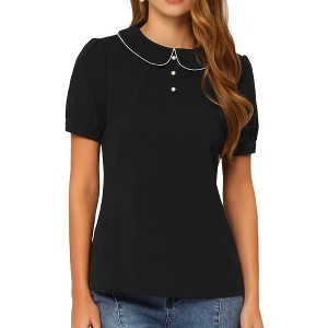 INSPIRE CHIC Women's Summer Peter Pan Collar Contrast Trim Puff Short Sleeve Blouse - 1 of 4