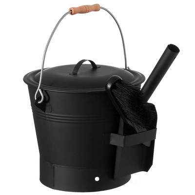 Gardenised Black Iron Ash Bucket With Lid And Wood Handle Brush Use For  Fire Pit, Wood Burning Stove And Grill : Target