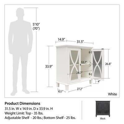 Black Glass-Paned Double Door Accent Cabinet with Adjustable Shelves