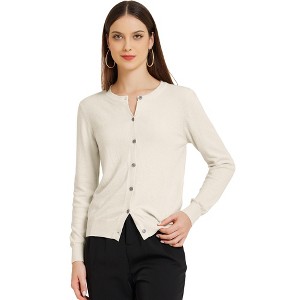 Allegra K Women's Lightweight Crewneck Button Down Long Sleeve Sweater Cardigan - 1 of 4