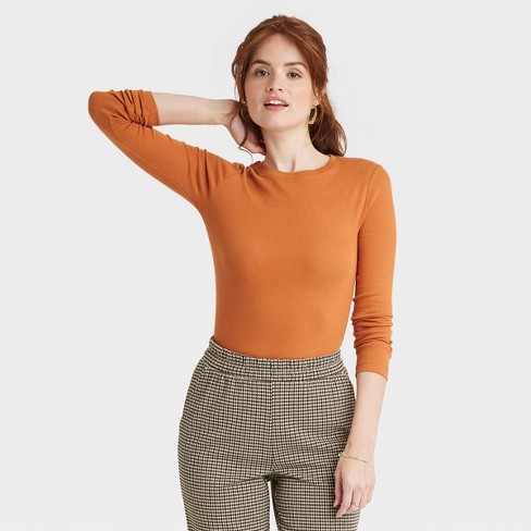 Women's Long Sleeve Slim Fit Crewneck T-shirt - A New Day™ Orange