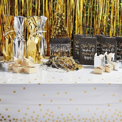 White and Gold Rectangular Plastic Tablecloth with Polka Dot Confetti