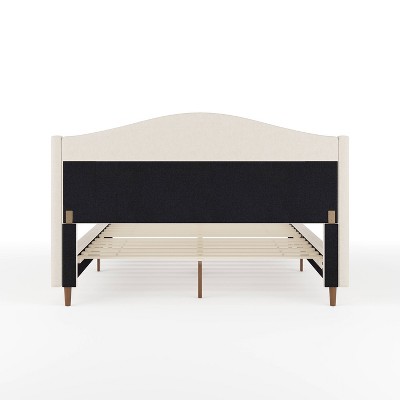 Amelia Queen Beige Linen Upholstered Platform Bed with Walnut Legs