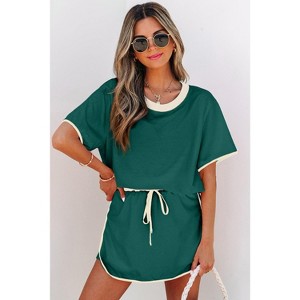 Turquoise Colorblock Edge Drop Shoulder T Shirt and Skort 2Pcs Set - 1 of 1