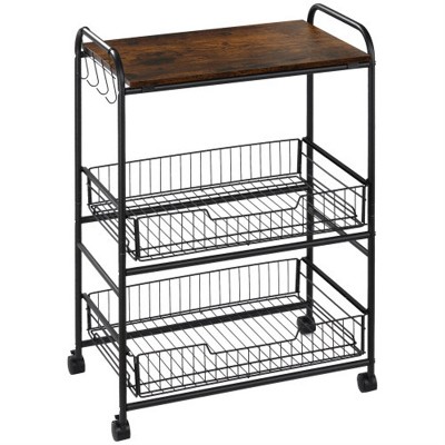 LunaLulinlk 3 Tier Rolling Kitchen Cart with Storage, 2 Sliding Fruit Basket, Microwave Cart with Side Hooks for Dining Room, Brown