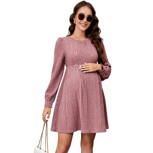 Maternity Dress Lantern Sleeve Crew Neck Tunic A-Line Swing Knit Dress Casual Loose Winter Pullover Sweater Midi Dresses - 1 of 4