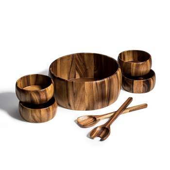 Kalmar Home Solid Acacia Wood 7 Piece - X-Large Salad Bowl with Servers and 4 Individuals