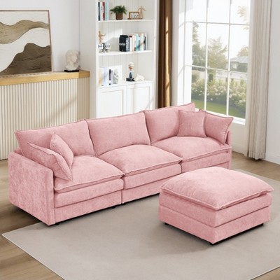 VASIP Pink Chenille Modular Cloud Sectional Sofa - 105" L-Shaped 3-Seater with Ottoman, Customizable Living Room Couch Set
