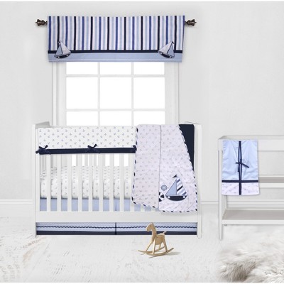 Bacati - Little Sailor Anchor Boat Blue Navy 6 pc Crib Bedding Set with Long Rail Guard Cover