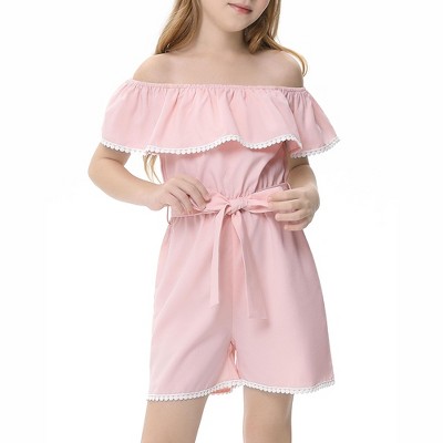 Little Girls One Piece Ruffle Cold One Shoulder Sleeveless Elastic Waist with Bow Strap Jumpsuit Rompers