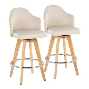 26" Fixed-Height Counter Stool with Swivel in Bamboo and Faux Leather, Round Chrome Footrest, Set of 2 - 1 of 4