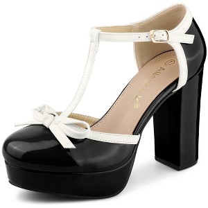 Allegra K Women's Platform Bow T-Strap Chunky Heels Pumps - 1 of 4