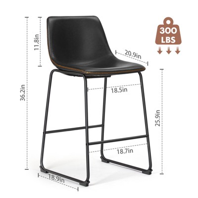 Black Faux Leather and Metal Counter Height Bar Stools, Set of 2