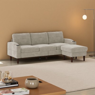 Convertible 3-Seater L-Shaped Sectional Sofa with Footstool, USB & Cup Holder