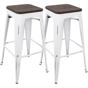 Contemporary Steel and Wood Bar Stool with Fixed Height and Stackable Design for Home Bar or Kitchen (Set of 2) - 1 of 4